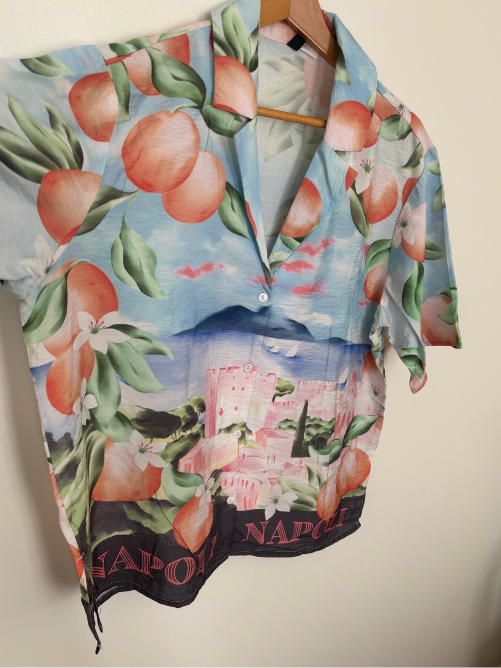 Napoli Peach Print Short Sleeve Button-Up Top - Light Blue